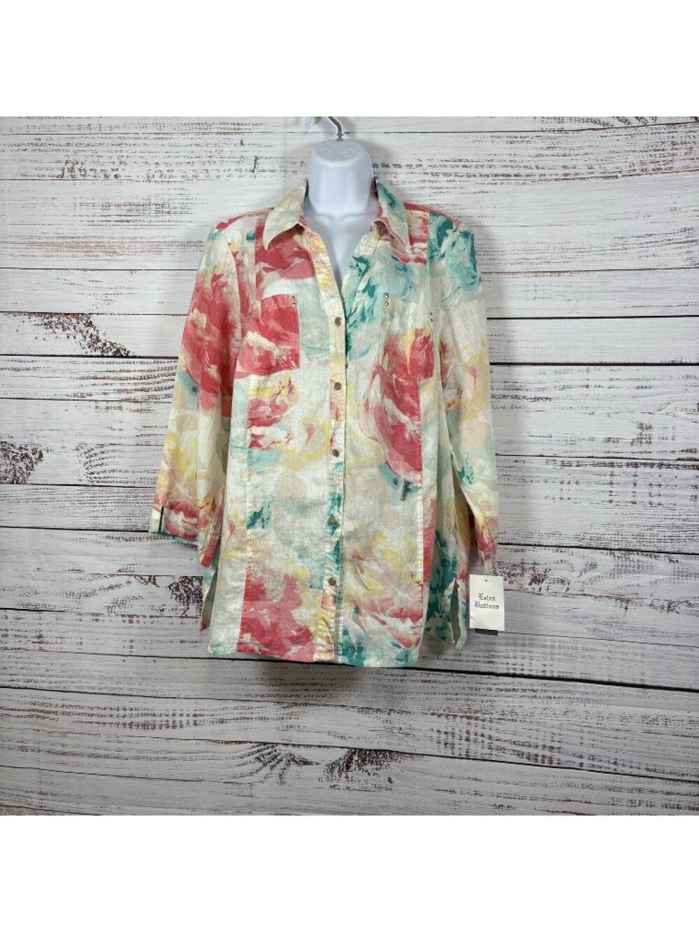 JM Collection Beige Floral Linen Button Front 3/4 Sleeve Shirt